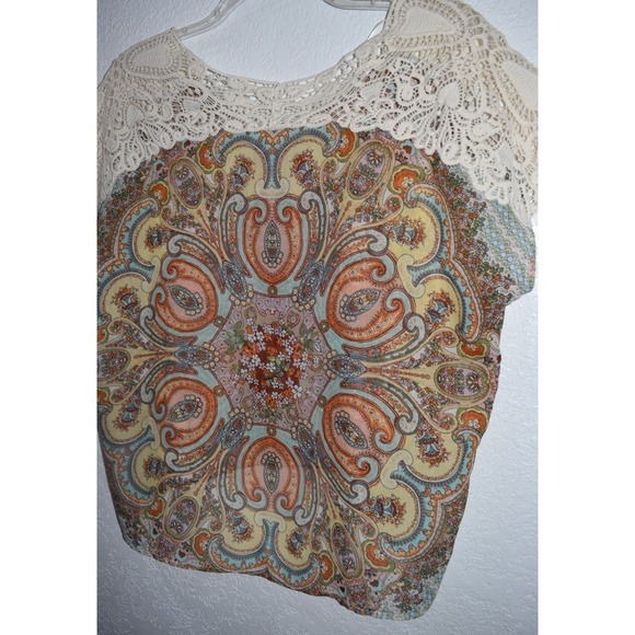 One World Sleeveless Top Large Crochet Shoulders High-Low Hem Sheer Boho Hippie - Picture 10 of 16